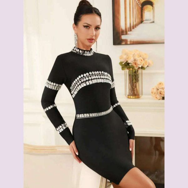 Winter Women Celebrity Sexy Long Sleeve Diamonds Beading Black Mini Bandage Dress 2024 Knitted Elegant Evening Club Party Dress For Discount - Image 5