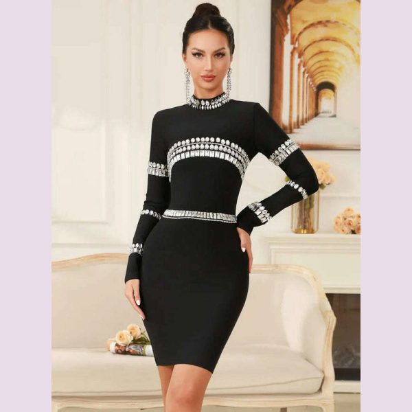 Winter Women Celebrity Sexy Long Sleeve Diamonds Beading Black Mini Bandage Dress 2024 Knitted Elegant Evening Club Party Dress For Discount