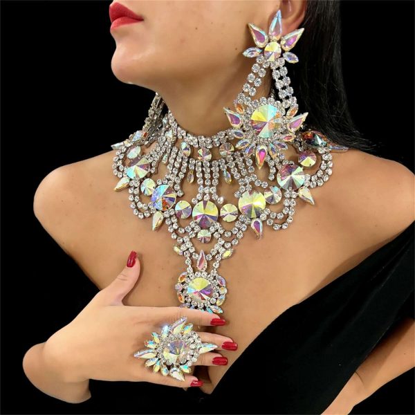 3ps New Shiny AB Crystal Necklace Earring Jewelry Set for Women s Fashion Bridal Wedding Party Rhinestone Jewelry Set For Discount