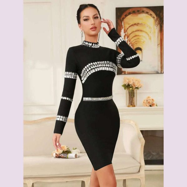 Winter Women Celebrity Sexy Long Sleeve Diamonds Beading Black Mini Bandage Dress 2024 Knitted Elegant Evening Club Party Dress For Discount - Image 3